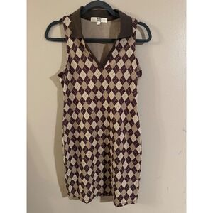 Madden NYC Brown Argyle Sleeveless Collared Mini Dress Womens Medium Y2K Preppy